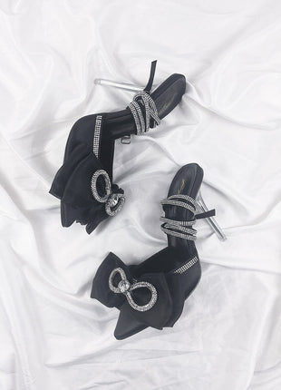 Black Satin Bow Detail Diamante Lace Up Clear Perspex Stiletto Heel