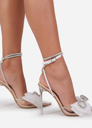 Nude Patent Bow Detail Diamante Wrap Around Clear Perspex Stiletto Heel
