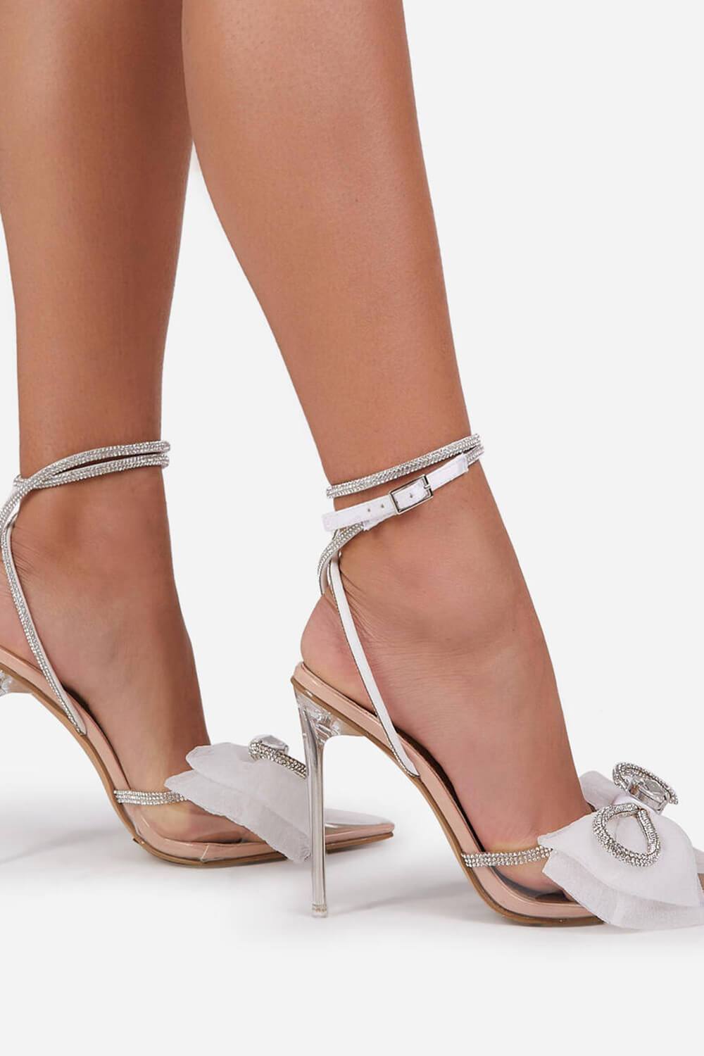 Nude Patent Bow Detail Diamante Wrap Around Clear Perspex Stiletto Heel