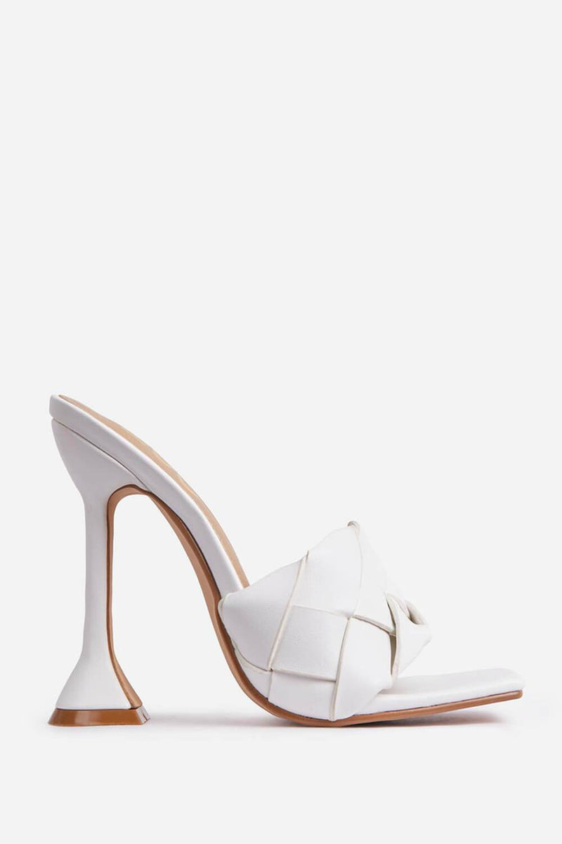 White Faux Leather Woven Square Peep Toe Sculptured Heeled Mules