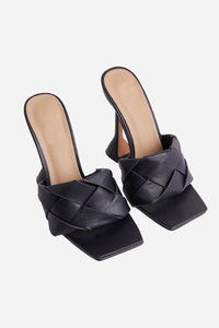 Black Faux Leather Woven Square Peep Toe Sculptured Heeled Mules