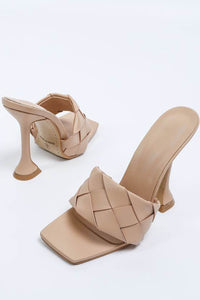 Nude Faux Leather Woven Square Peep Toe Sculptured Heeled Mules