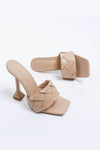 Nude Faux Leather Woven Square Peep Toe Sculptured Heeled Mules