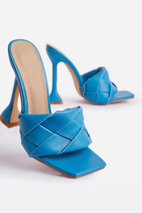 Blue Faux Leather Woven Square Peep Toe Sculptured Heeled Mules