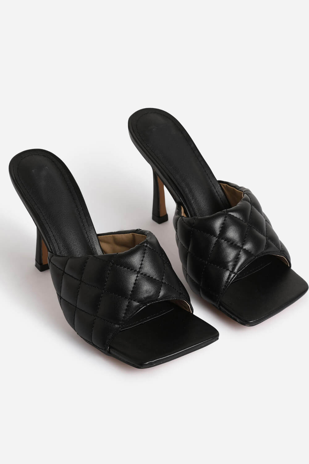 Black Faux Leather Square Toe Quilted Heeled Mules