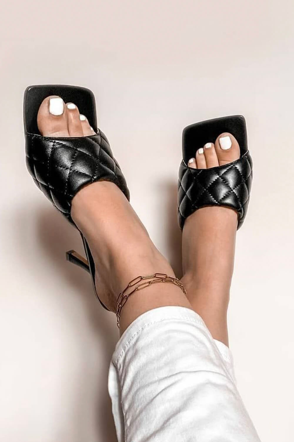 Black Faux Leather Square Toe Quilted Heeled Mules