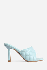 Light Blue Faux Leather Square Toe Quilted Heeled Mules