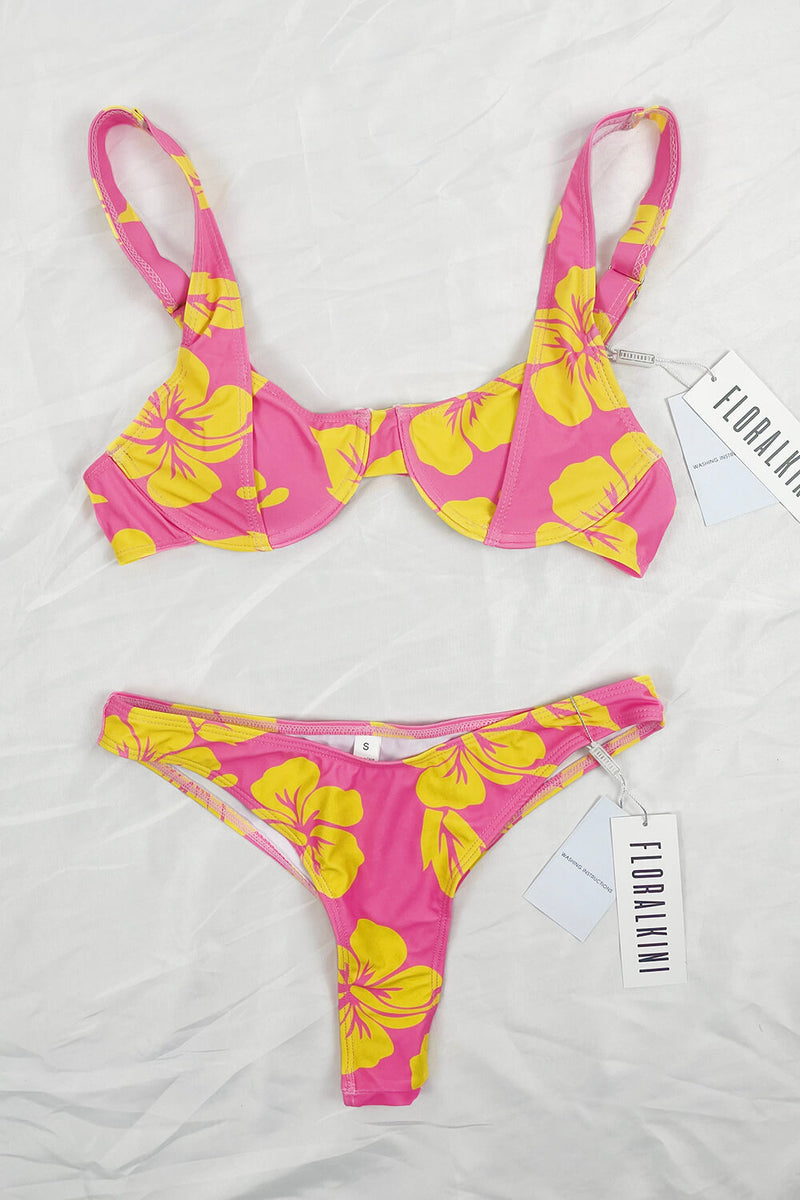 Pink And Orange Floral Print High Rise Bikini Bottom