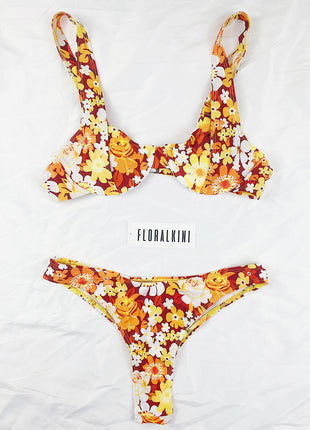 Brown And Gold Floral Print High Rise Bikini Bottom