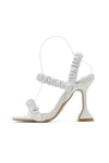 White Faux Leather Ruched Detail Double Strap Square Toe Sculptured Heel Mule
