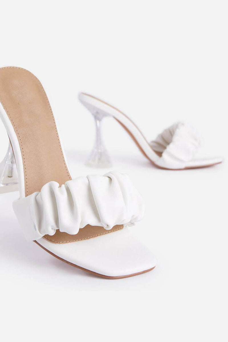 White Faux Leather Ruched Square Peep Toe Clear Perspex Sculptured Heel Mules