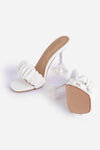 White Faux Leather Ruched Square Peep Toe Clear Perspex Sculptured Heel Mules