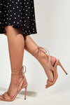 Nude Faux Leather Lace Up Square Toe Woven Stiletto Heels
