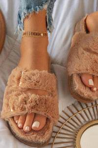 Brown Fluffy Double Buckle Flat Sandals