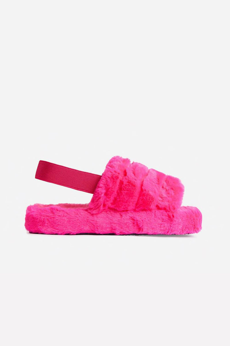 Hot Pink Faux Fur Fluffy Strap Back Slippers