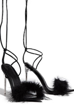 Black Faux Fur Lace Up Clear Perspex Stiletto Heels