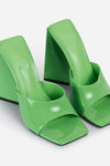 Green Patent Square Peep Toe Sculptured Flared Block Heel Mules