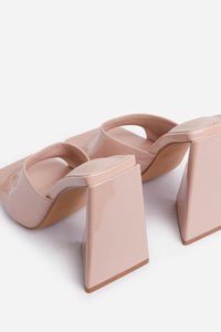 Nude Patent Square Peep Toe Sculptured Flared Block Heel Mules