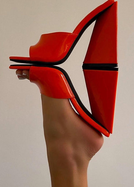Orange Patent Square Peep Toe Sculptured Flared Block Heel Mules