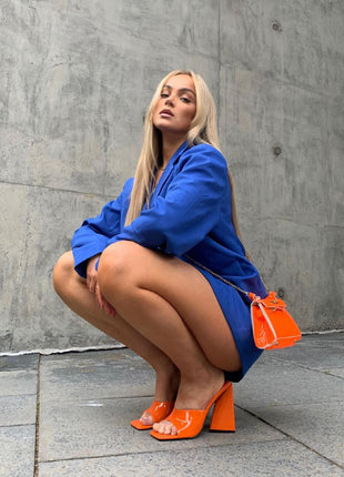 Orange Patent Square Peep Toe Sculptured Flared Block Heel Mules