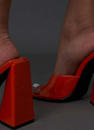 Orange Patent Square Peep Toe Sculptured Flared Block Heel Mules