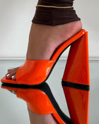 Orange Patent Square Peep Toe Sculptured Flared Block Heel Mules