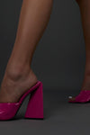 Hot Pink Patent Square Peep Toe Sculptured Flared Block Heel Mules