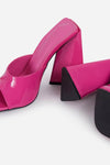 Hot Pink Patent Square Peep Toe Sculptured Flared Block Heel Mules