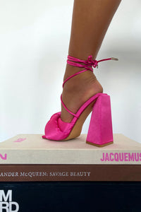 Hot Pink Satin Knotted Detail Lace Up Square Peep Toe Sculptured Flared Block Heel