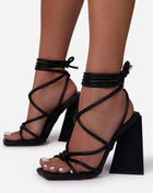Black Faux Leather Knotted Detail Lace Up Square Toe Sculptured Flared Block Heels