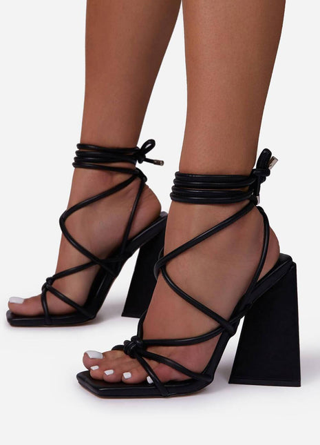 Black Faux Leather Knotted Detail Lace Up Square Toe Sculptured Flared Block Heels