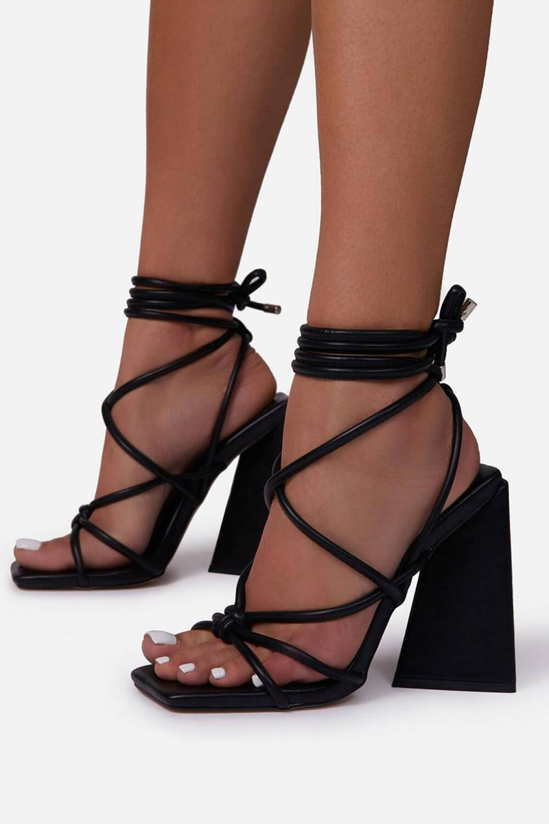 Black Faux Leather Knotted Detail Lace Up Square Toe Sculptured Flared Block Heels