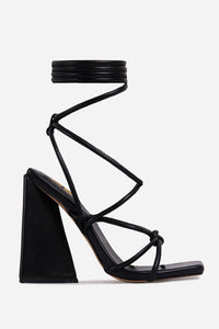 Black Faux Leather Knotted Detail Lace Up Square Toe Sculptured Flared Block Heels