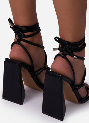 Black Faux Leather Knotted Detail Lace Up Square Toe Sculptured Flared Block Heels