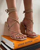 Nude Faux Leather Knotted Detail Lace Up Square Toe Sculptured Flared Block Heels