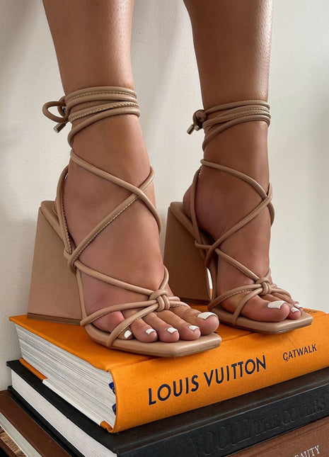 Nude Faux Leather Knotted Detail Lace Up Square Toe Sculptured Flared Block Heels