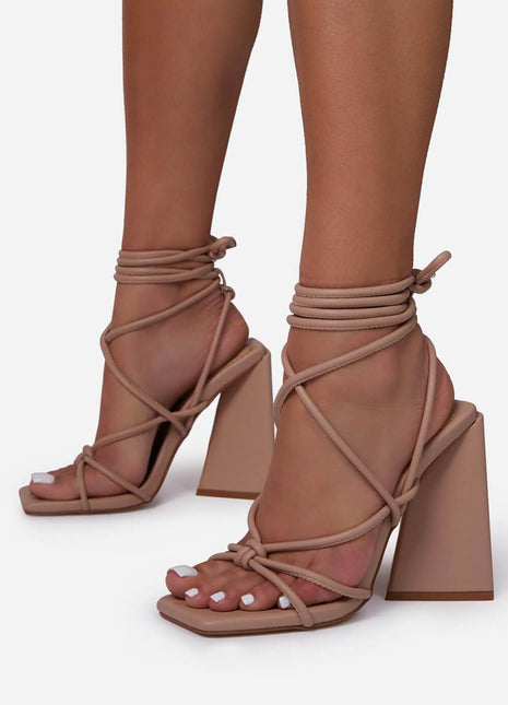 Nude Faux Leather Knotted Detail Lace Up Square Toe Sculptured Flared Block Heels