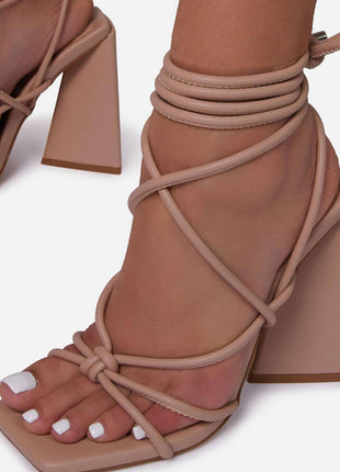 Nude Faux Leather Knotted Detail Lace Up Square Toe Sculptured Flared Block Heels