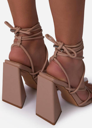 Nude Faux Leather Knotted Detail Lace Up Square Toe Sculptured Flared Block Heels