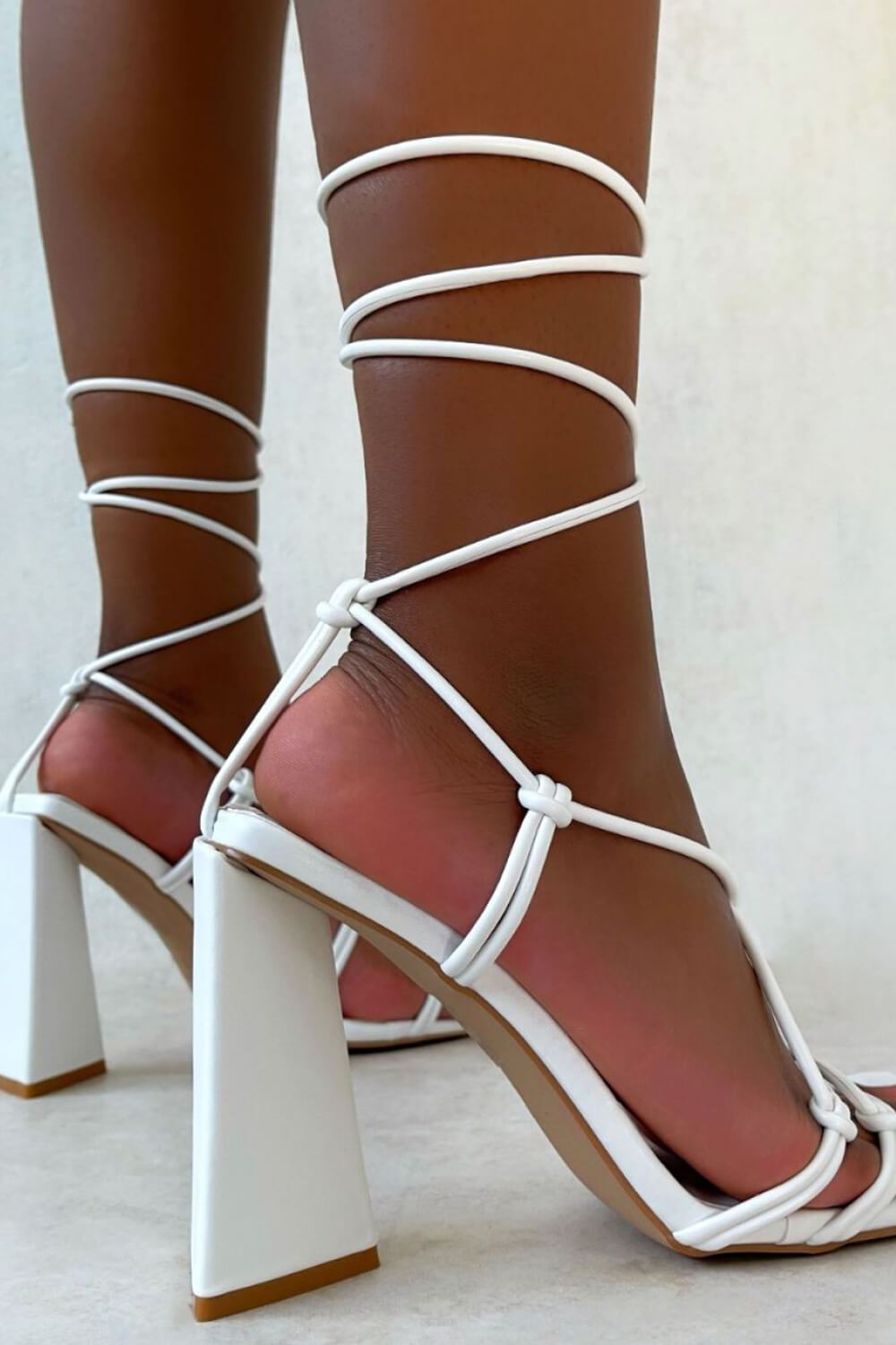 White Lace Up Sculptured Block Heels