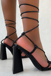 Black Lace Up Sculptured Block Heels