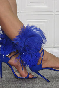 Blue Fluffy Lace Up Pointed Open Toe Stiletto Heels