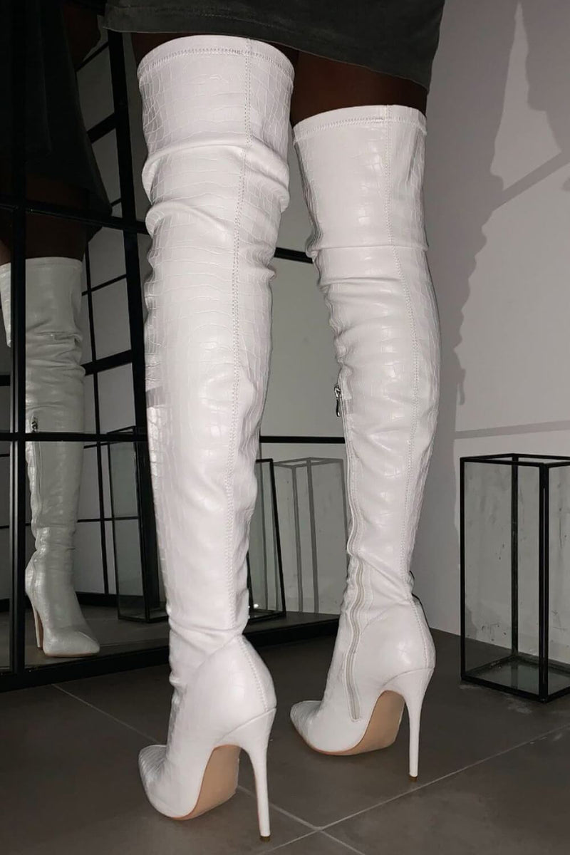 White Croc Print Thigh High Stiletto Boots