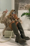 Khaki Green Rounded Knee High Rubberized Flat Boots
