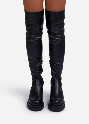 Black Faux Leather Over The Knee Thigh High Long Biker Boot