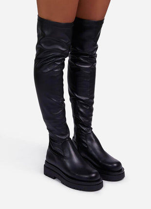 Black Faux Leather Over The Knee Thigh High Long Biker Boot