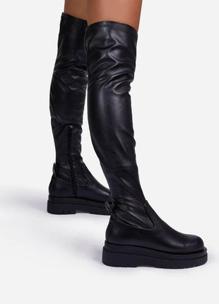 Black Faux Leather Over The Knee Thigh High Long Biker Boot