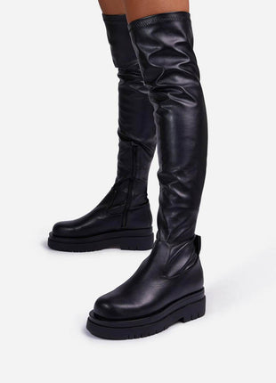 Black Faux Leather Over The Knee Thigh High Long Biker Boot