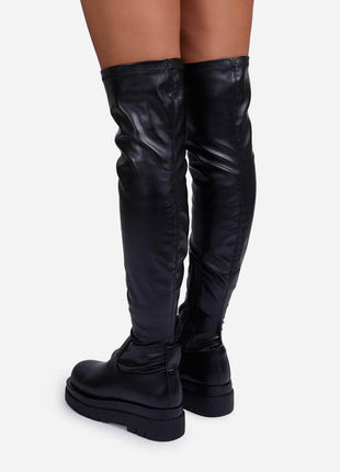 Black Faux Leather Over The Knee Thigh High Long Biker Boot