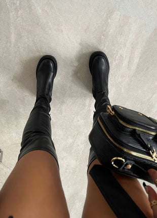 Black Faux Leather Over The Knee Thigh High Long Biker Boot